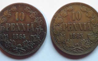 1865 10 penniä  kaksi kolikkoa