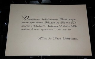 Jääski Luovutettu-alue Kutsukortti Seitsonen 1934 PK70