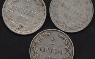 2 markkaa 1870, 1874 ja 1906 hopeaa kl4