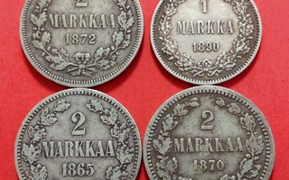 3 kpl 2 mk 1865, 1879, 1872 ja 1 markka 1890. (KD47)