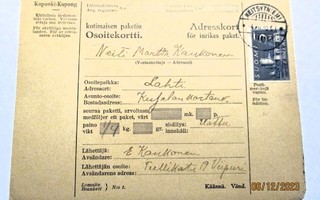 1930 Neitsytniemi pakettikortti valtakirjalla Lahteen