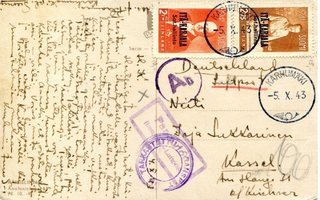 Itä-Karjala postikortti Saksaan 1943 Karhumäki leimalla