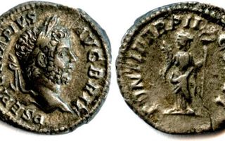 ANTIIKIN ROOMA: Geta, hopea-denaari vuodelta 210