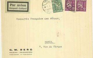 1932 2mk violetti leijona ym lentokirje Ranskaan 1935