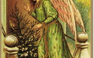 Vihreämekkoinen enkeli koputtaa ovelle, tuo joulukuusta