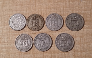 6 Pence 1928, -40, -42 - -46 Englanti 7kpl Hopea 500. VK
