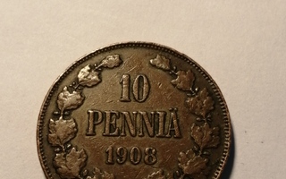 10  penniä  1908   Copper/Kupari *1+